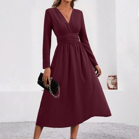 Guieoi Womens Dresses Long Sleeve Solid-Color High-Waisted Pleated V-Neck Dress Midi Dress Red XL