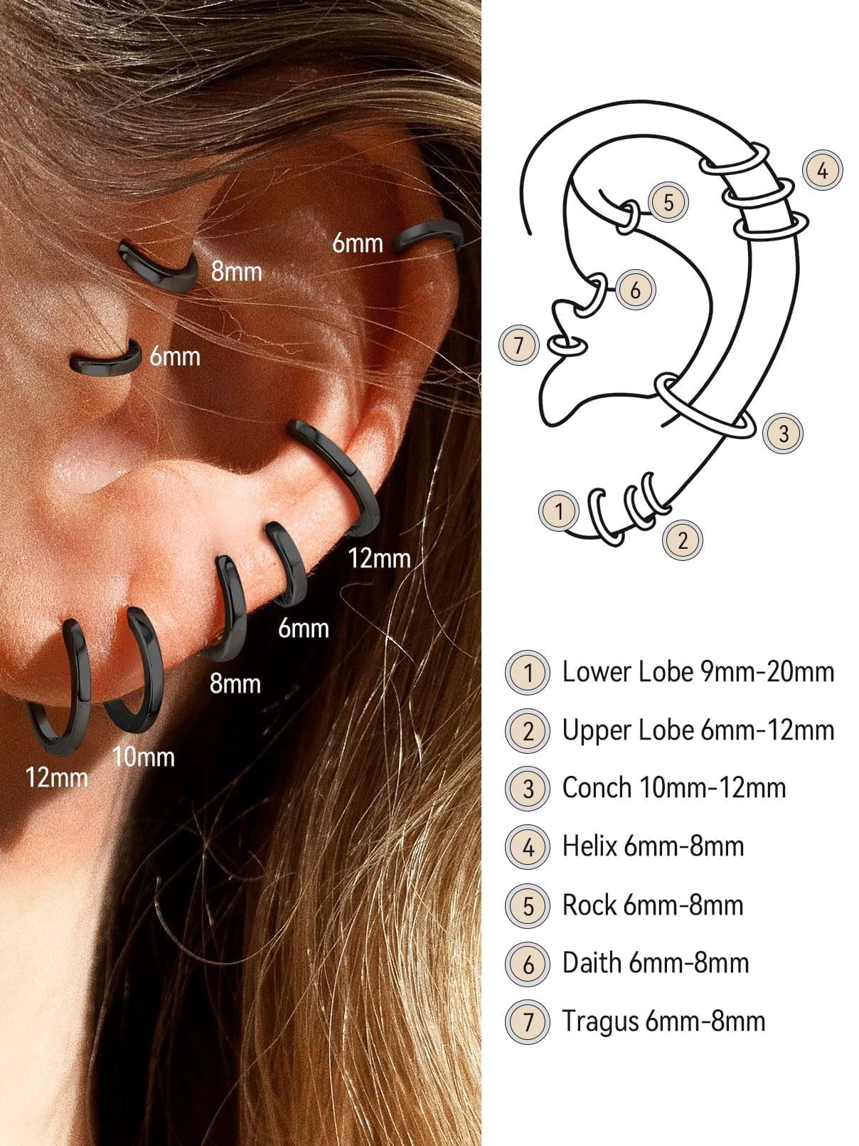 FaithHeart Sterling Silver Huggie Hoop Earrings for Women, Hypoallergenic Lightweight Small Cartilage Earrings Cuff Tragus Black Hoop Earrings for Granddaughter Christmas Jewelry Gift 12mm