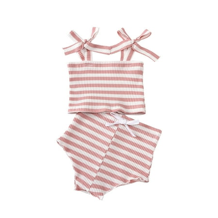 

Fesfesfes Stylish Baby Girl Striped Suspenders + Shorts Two-piece Summer Cute Bow
