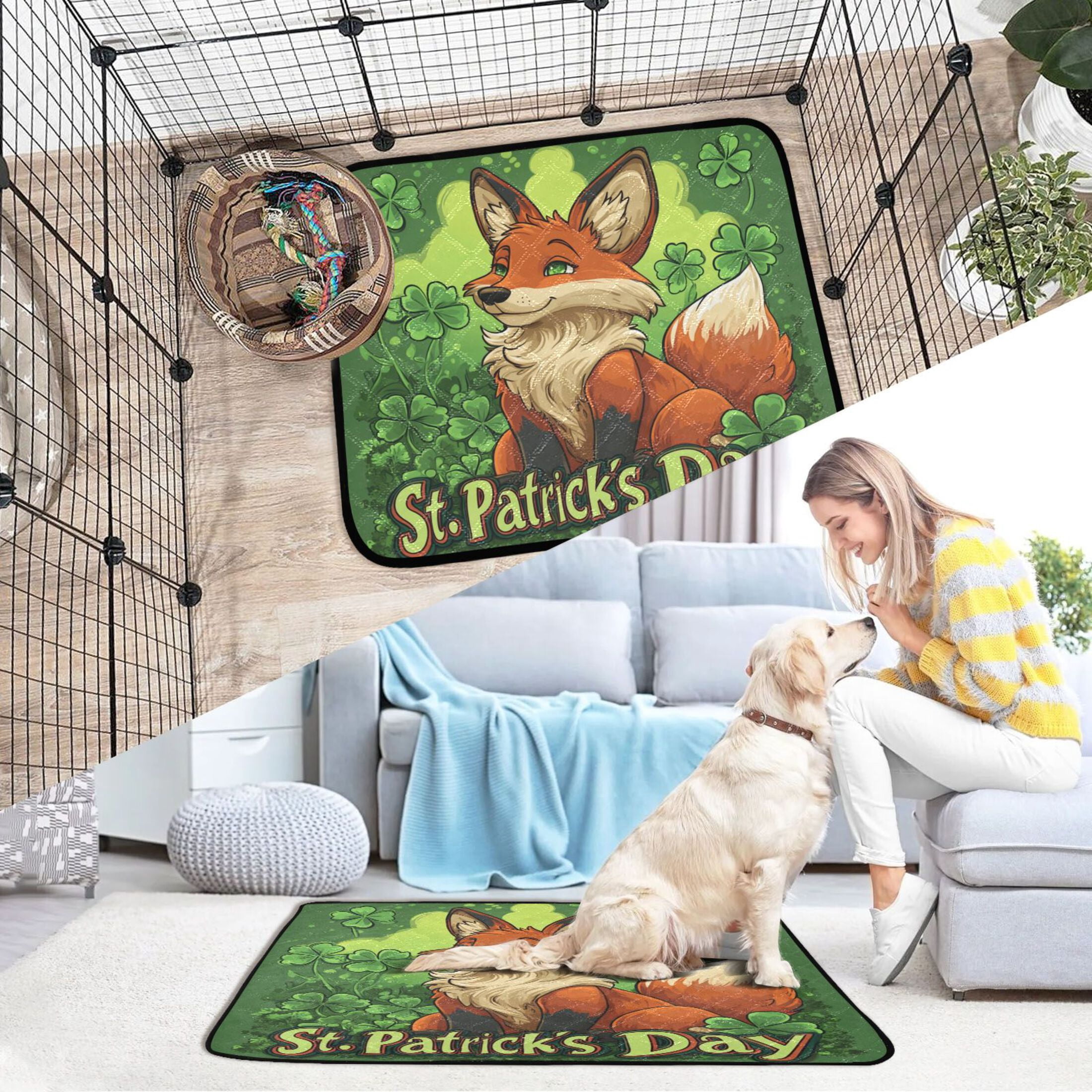 Qxltty Stpatricks Day Red Fox Cat litter Pads Pet Set of 3 Diaper Mats Center Anti-leakage Layer Absorbent Soft and Comfortable