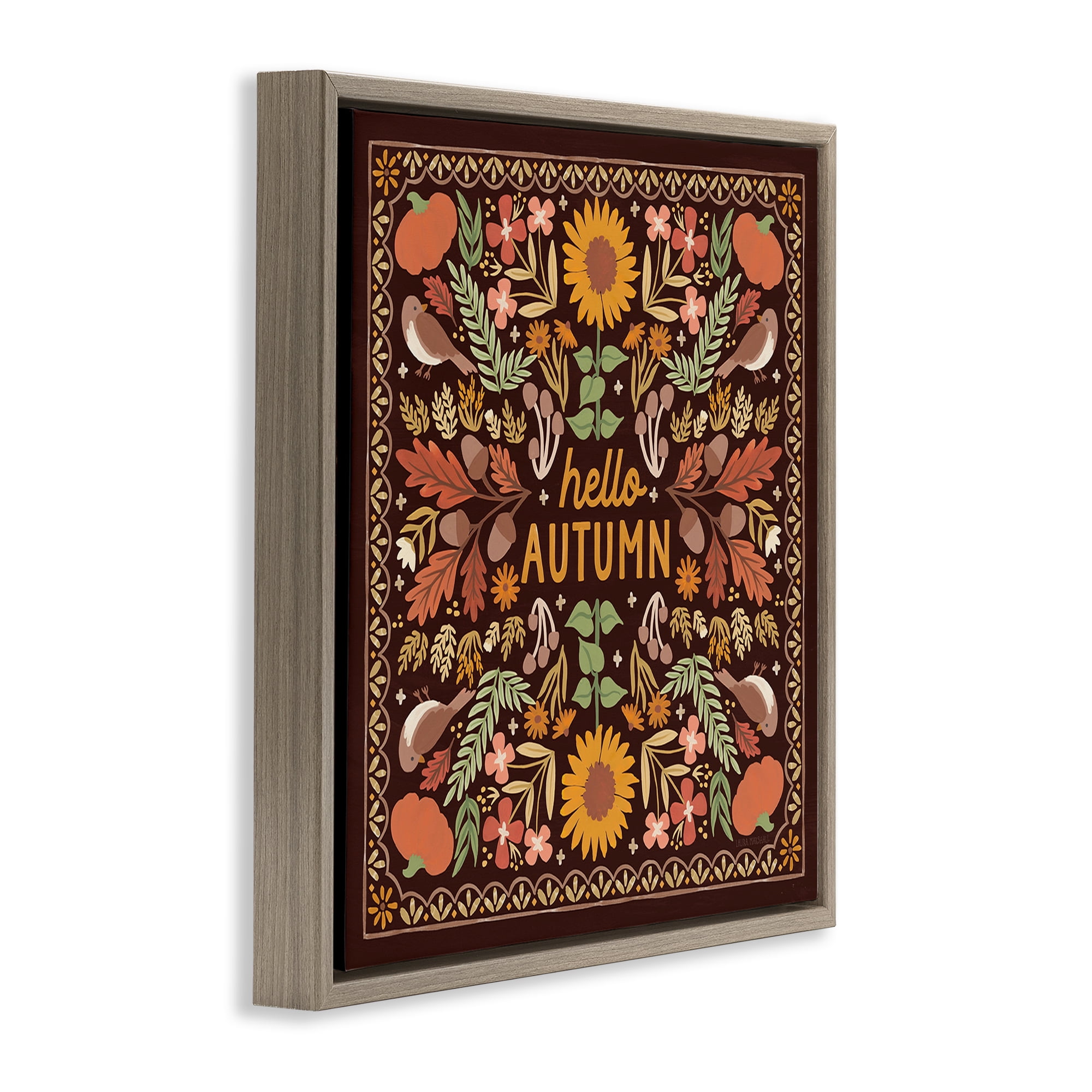 Stupell Industries Hello Autumn on Brown Landscape Painting Brown Floater Framed Art Print Wall Art, 18 x 18