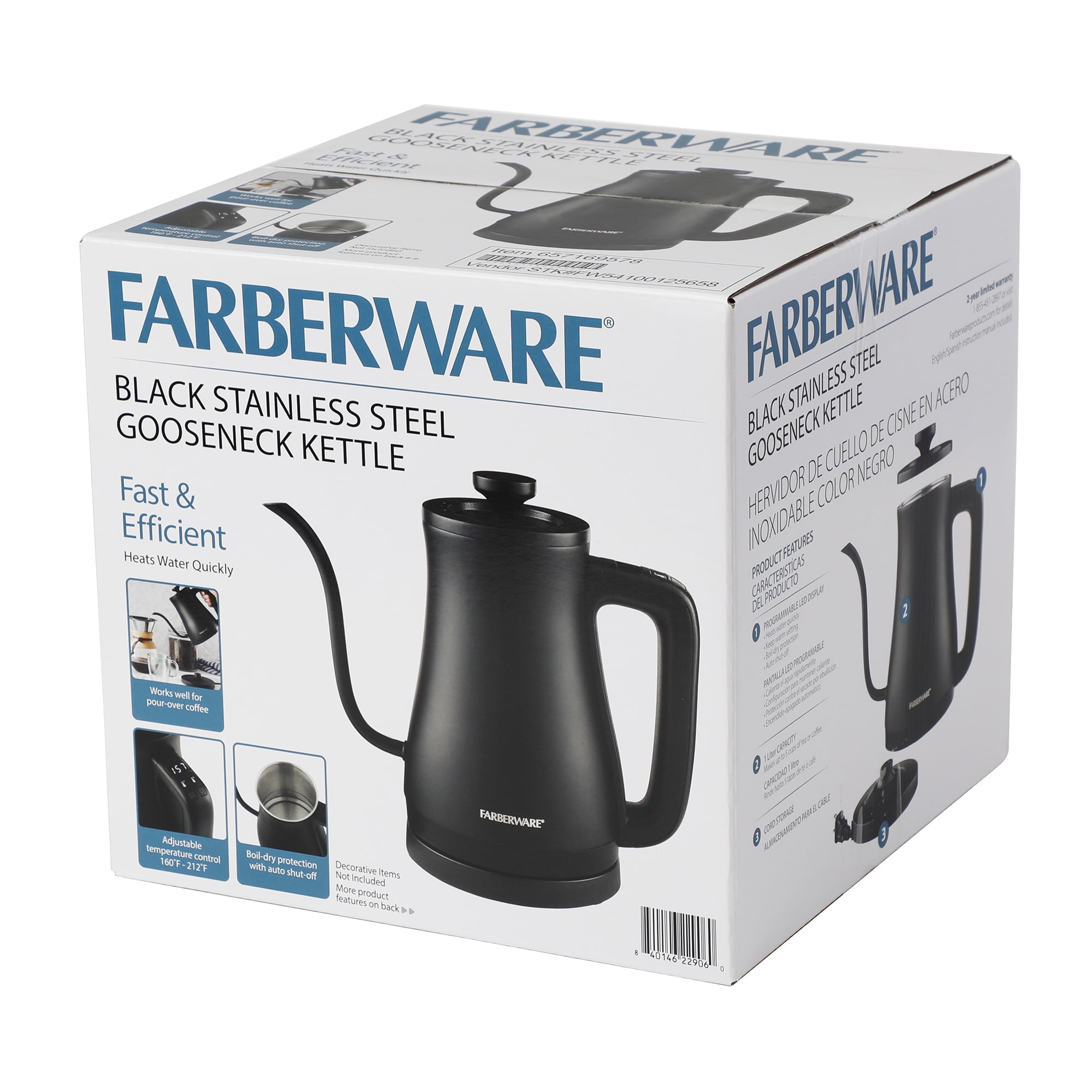 Farberware 1 Liter Gooseneck Electric Kettle, Black