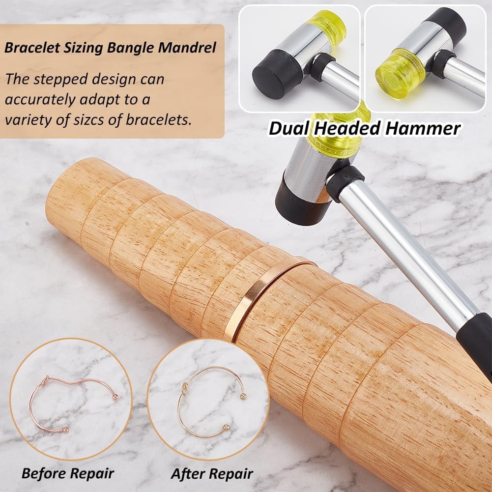 1 Set Oval Bracelet Mandrel for Jewelry Making Wooden Bracelet Mandrel Sizer Bracelets Mandrel Bangle Shaper Tool Wire Wrapping Tool with Rubber Hammer for Jewelry Crafts Making and Repair
