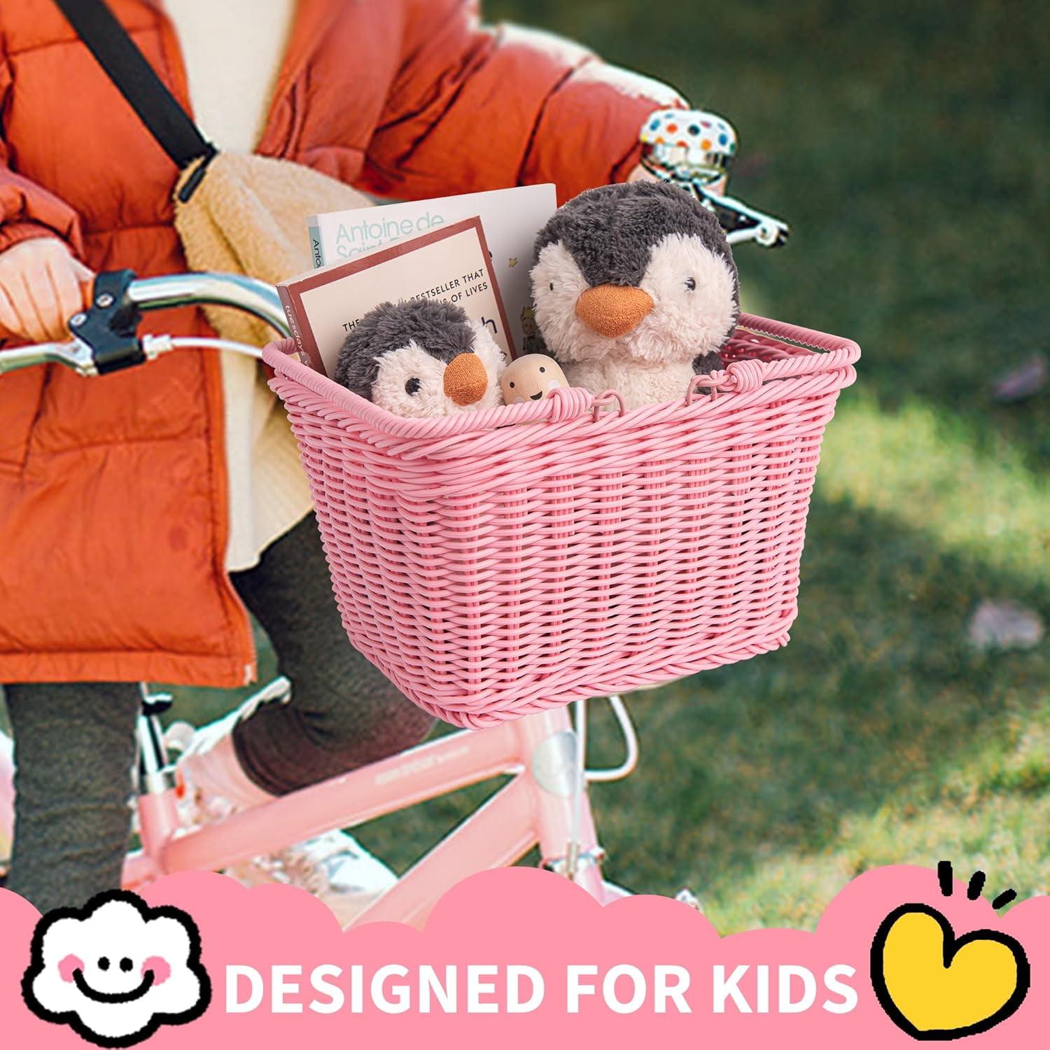 GRANNY SAYS Kids Bike Basket, Front Bicycle Baskets for Kids, Small Wicker Bike Basket for Boys and Girls, Pink