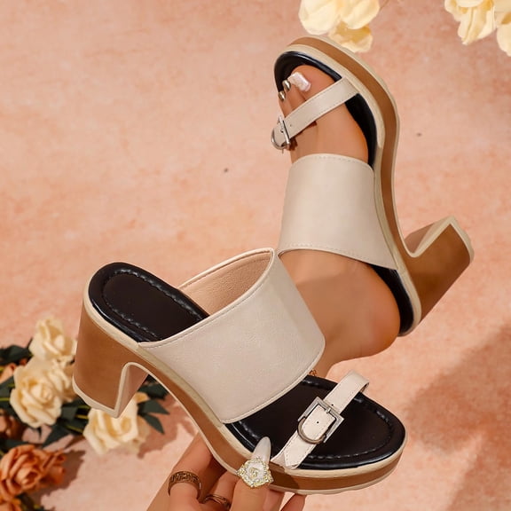Slide Sandals Women Adjustable Buckle Flatform Block Heel Slip On Open Toe Casual Summer Dress Walking Shoes