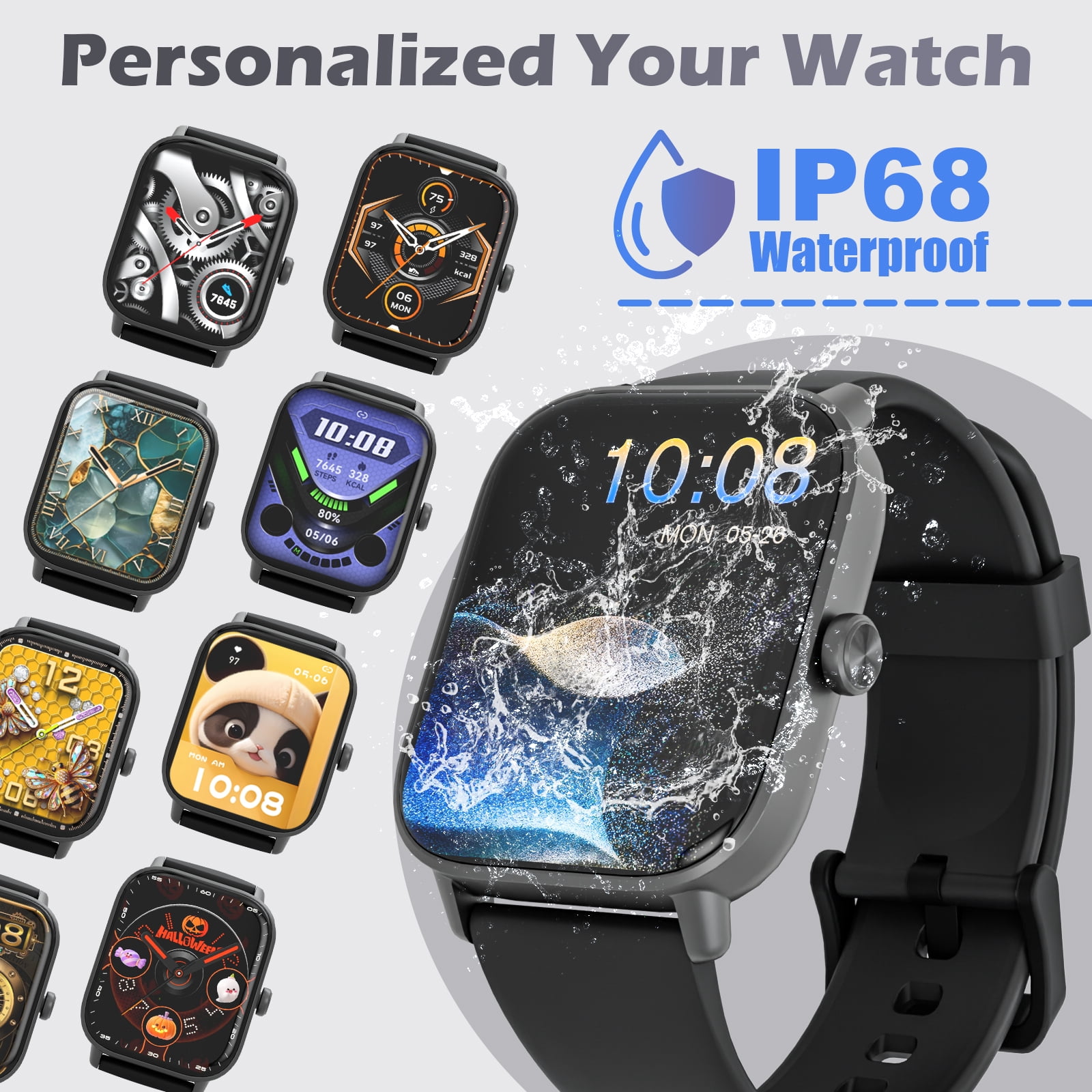SANPTENT Smart Watch Compatible with Android and iPhone, 1.83" HD Touchscreen, Answer/Make Calls/100+ Sports Modes/Message Reminder, IP68 Waterproof, Black