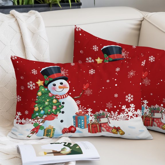 Red Snowman Christmas Pillow Covers Queen, Xmas Tree Gifts Snowflake Winter Soft Brushed Microfiber Breathable Throw Pillow Covers, Decorative Pillowcase with Zipper for Couch Sofa Bedroom 20"x30"