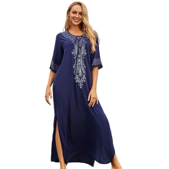 Jesscasday Women Bathing Suit Cover Up Embroidered Floral Turkish Kaftans Split Beach Dress