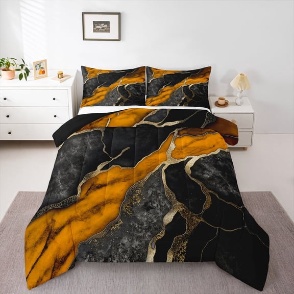 Homewish Chic Abstarct Ombre Bedding Comforter Set, Black Orange Fashion Marble Twin Comforter Sets, Teens Kids Adult Men Women Reversible Bedding Set, Luxury Bedroom Decor, 2pcs