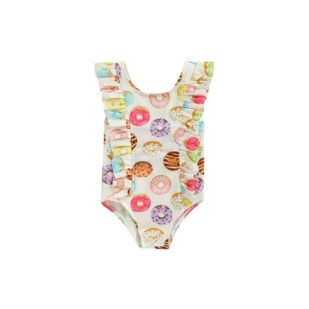 

Woshilaocai Toddler Baby Girl Sleeveless Ruffle Leopard Donut Print One Piece Bathing Suit Swimwear Swimsuit Sunsuit