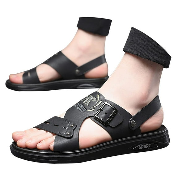 Mepaouo Men's Leather Beach Sandals Casual Flat Walking Shoes with Adjustable Dual use Ankle Straps