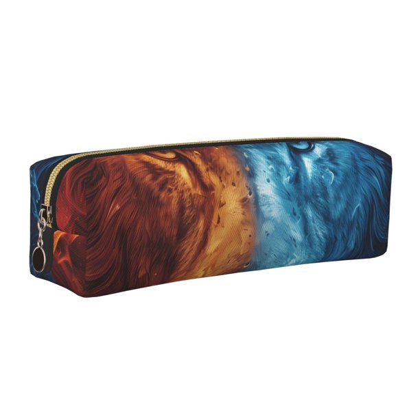 Balery Red And Blue Fire Lion Estuche de Lápices de Cuero Impreso, Estuche para Suministros de Arte, Estuche de Lápices con Cremallera, Estuche de Almacenamiento de Papelería