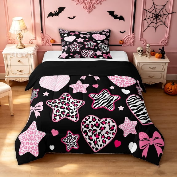 Feelyou Sugar Gothic Bow Twin Comforter Sets, Leopard Zebra Stars Bedding Set, Black Pink, Black Reversible, 2-Piece, 1 Comforter and 2 Pillowcases