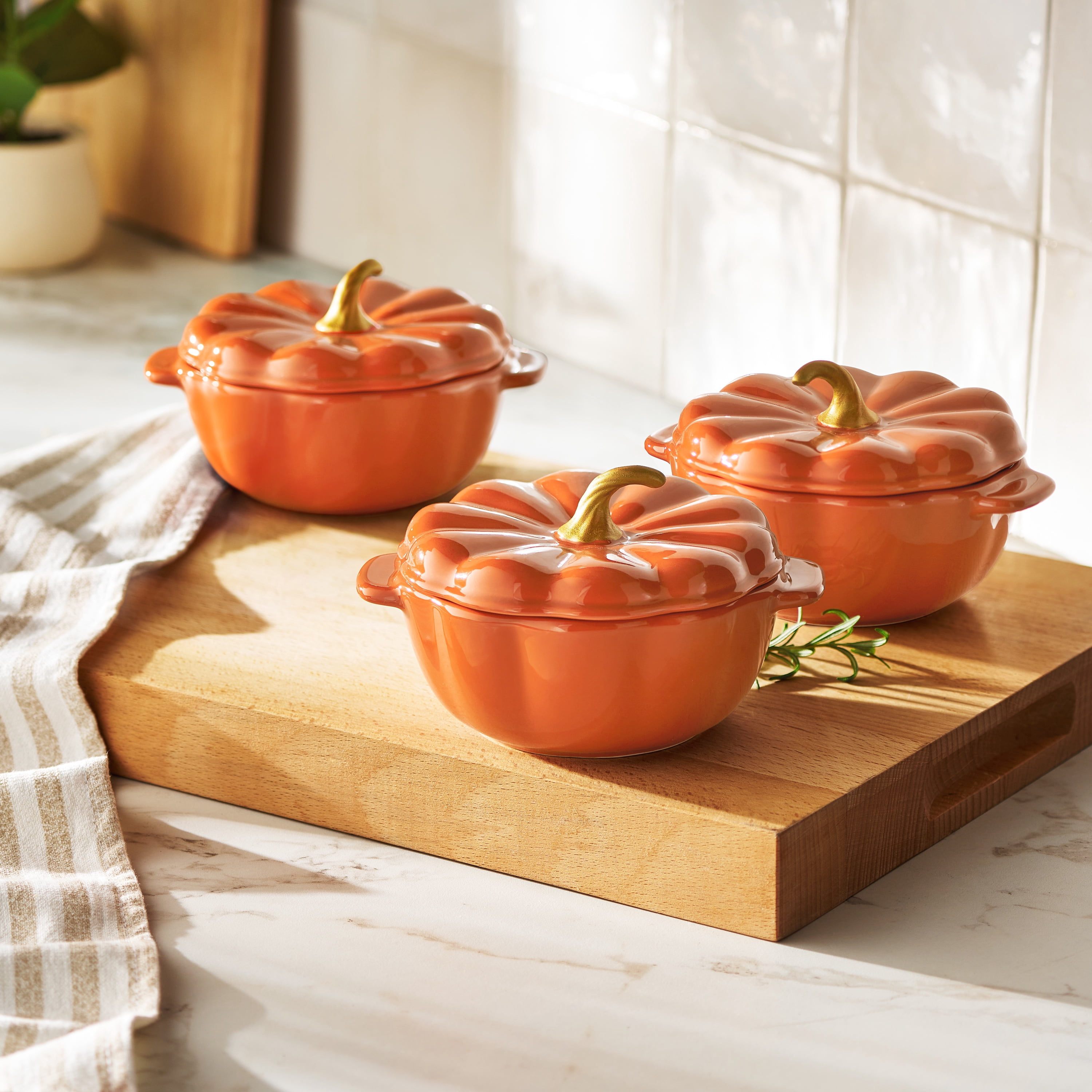The Pioneer Woman .5 Quart Pumpkin Stoneware Mini Cocottes with Lids, Orange, Set of 3
