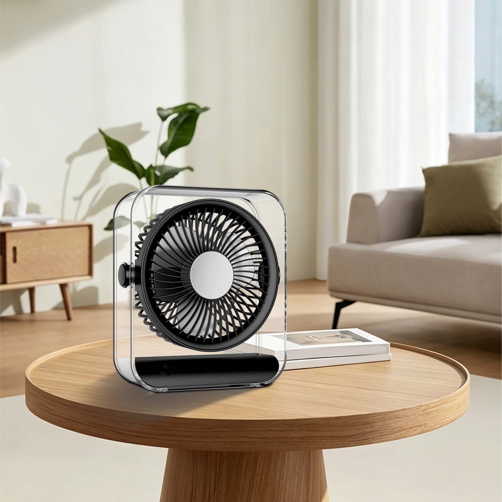 YardChic 1Pc Portable Desk Fan, Transparent USB Rechargeable Desk Fan, Ultra Quiet Battery Powered Table Fan, Rechargeable Air Circulator Fan for Bedroom Cooling, Dorm, Home, Kitchen