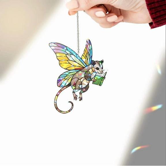 ViciArt Fairy Possum Acrylic Window Hanging – 4" Stained Glass Effect Ornament, Rainbow Wings, Cute Animal Suncatcher Decor for Car, Home or Gifts