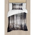 thumbnail image 3 of Winter Duvet Cover Set Queen Size, Scene of Dark Spooky Misty Forest Veiled with Fog Mystic Birches Print, Decorative 3 Piece Bedding Set with 2 Pillow Shams, Brown White, by Ambesonne, 3 of 3