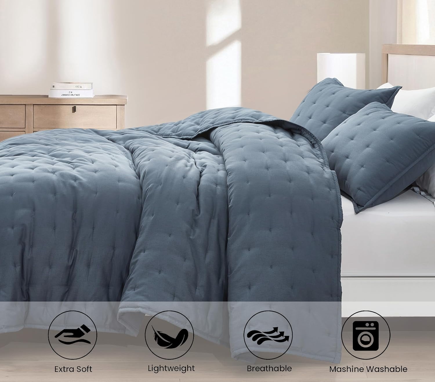 Chezmoi Collection Glen 3-Piece Crescent Stitched Quilt Set, Queen Size, Steel Blue, Rayon Derived from Bamboo & Polyester Blended, Soft Breathable Cooling Bedspread for Hot Sleepers