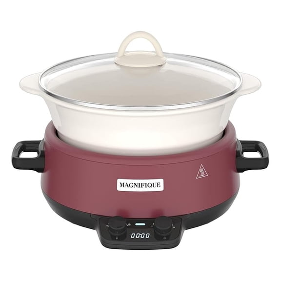 MAGNIFIQUE 5 Quart Programmable Slow Cooker with Auto Warm Setting, Glazed Ceramic Liner, Kitchen Small Appliance for Family Dinners, Red