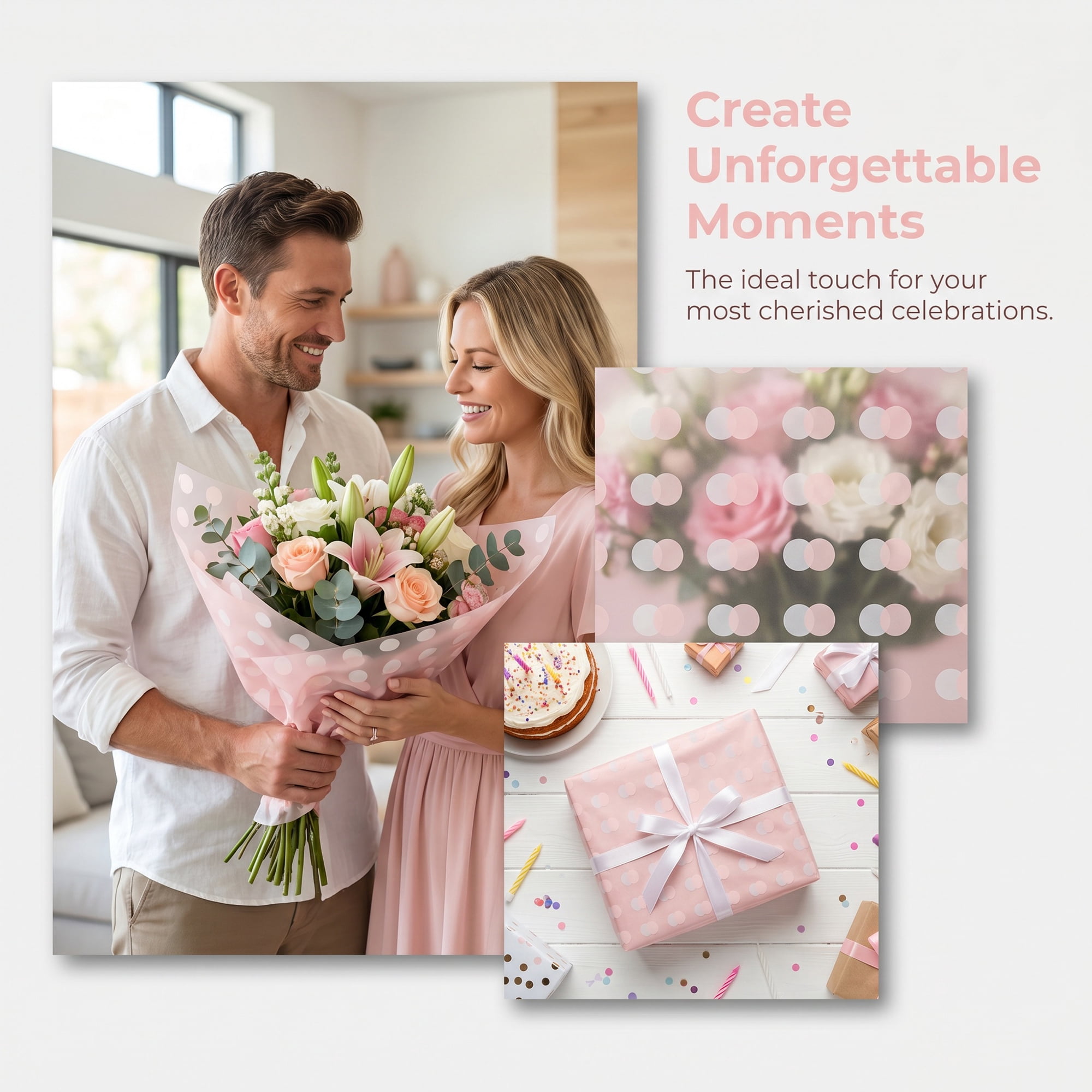 Unique Bargains Polka Dot Waterproof Flower Wrapping Paper Sheets Pink 22.4"x 22.4"
