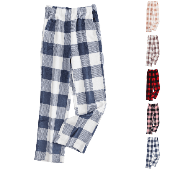 Flannel Pajama Women's Soft Fuzzy Cute Plaid Pj Pants Comfy Wide Leg Lounge Sleepwear with Pockets Blue 3XL