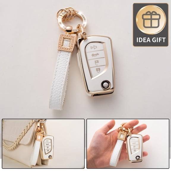 for Toyota Key Fob Cover with Leather Lanyard, Car Key Fob Case Compatible with Toyota Fortuner Tundra Camry RAV4 Highlander Corolla Smart Key Protector Holder