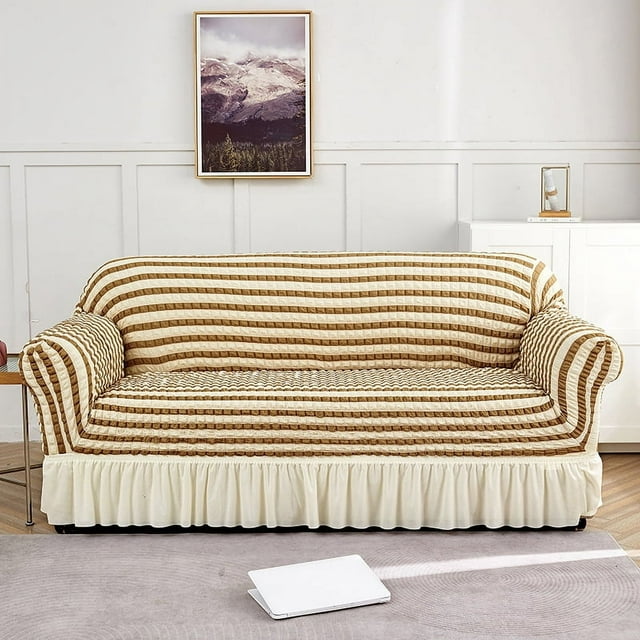 Nvzi Funda de sofá elástica para sala de estar, fácil de instalar, lavable, protector de sofá con falda, 1 pieza (beige caqui, 3 plazas)