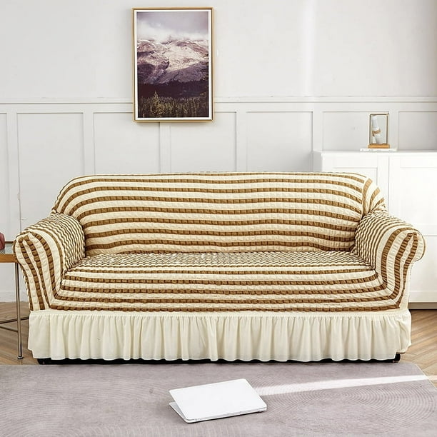 Nvzi Funda de sofá elástica para sala de estar, fácil de instalar, lavable, protector de sofá con falda, 1 pieza (beige caqui, 3 plazas)