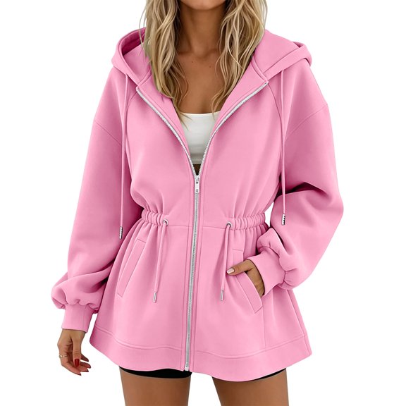 Ovbmpzd Womens Sweatshirts Zip Up Pink Fleece Lined Hoodie Long Sleeve Loungewear Drawstring Waist Sweatshirts,XXL