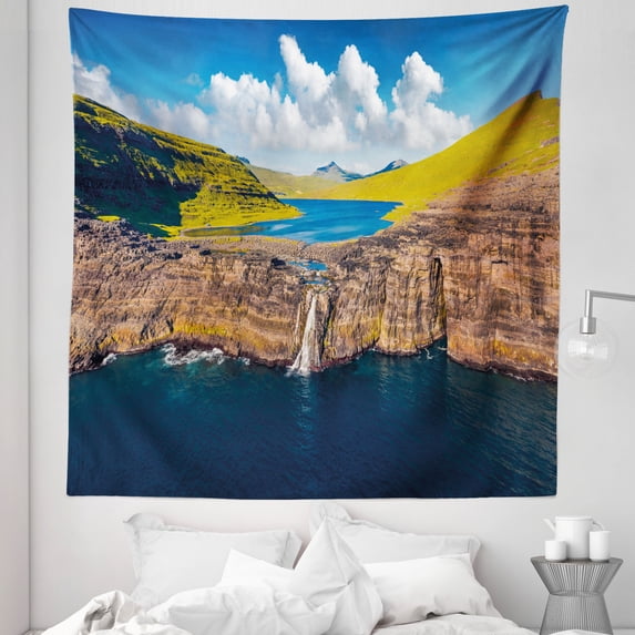 Epic Nature Tapestry, Waterfall Vast Ocean Faroe Island Mountains Peaks Plateau Picturesque Scenery, Fabric Wall Hanging Decor for Bedroom Living Room Dorm, 5 Sizes, Multicolor, by Ambesonne