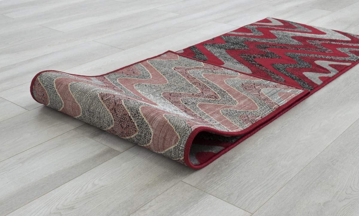 Red Gray Silver Black Abstract Area Rug Modern Zigzag Wave Pattern 1'96" x 6'96" Runner
