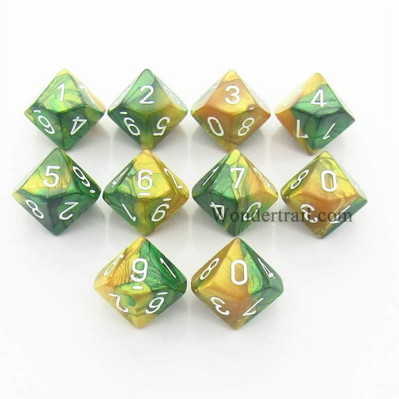 Gold and Green Gemini Dice with White Numbers D10 16mm (5/8in) Pack of 10 Dice Chessex