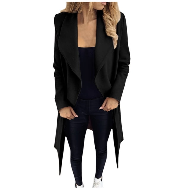 Plus Size Long Sleeve Open Front Cardigan Suit Jacket Solid Long Coat for Women