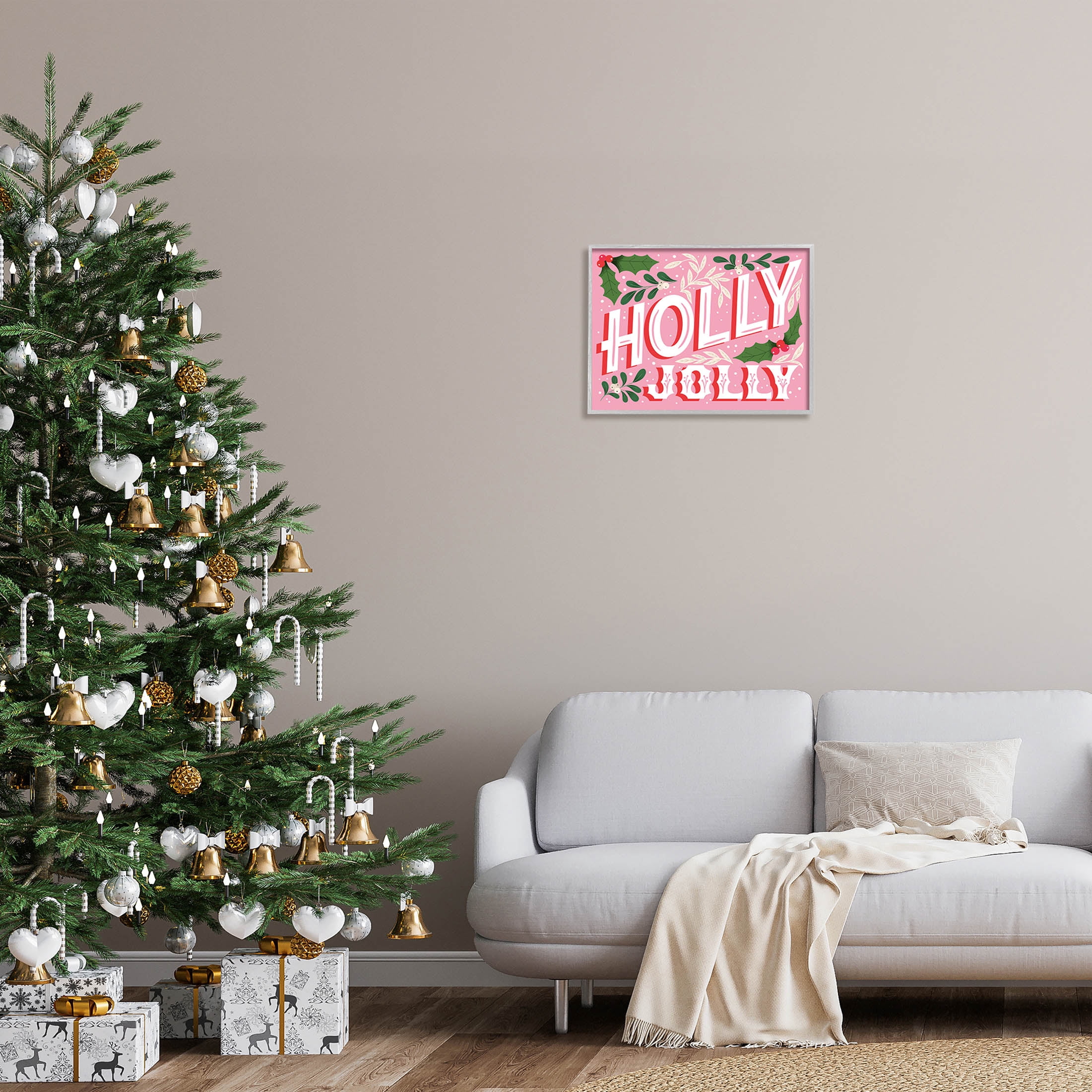 Stupell Industries Bold Pink Holly Jolly Phrase Graphic Art Gray Framed Art Print Wall Art, Design by The Saturday Evening Post