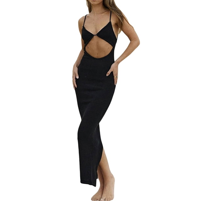 Gupgi Robe Moulante Sans Manches pour Femmes Couleur Unie Col en V Découpe Dos Nu Fendu Robe Portefeuille