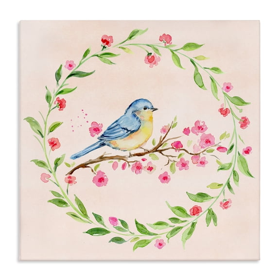 Spring Bird Wreath Perch Canvas Wall Art, design by Elena Fay