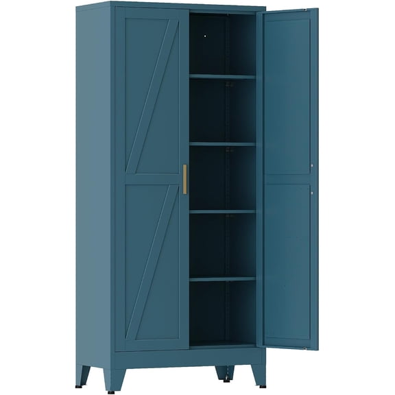 COFaR 71 in Tall Metal Storage Cabinet, Metal Cabinet with 3 Adjustable Shelves and Barn Doors, Farmhouse Cupboard Storage for Kitchen Pantry Garage, Peacock Blue 5-Tier
