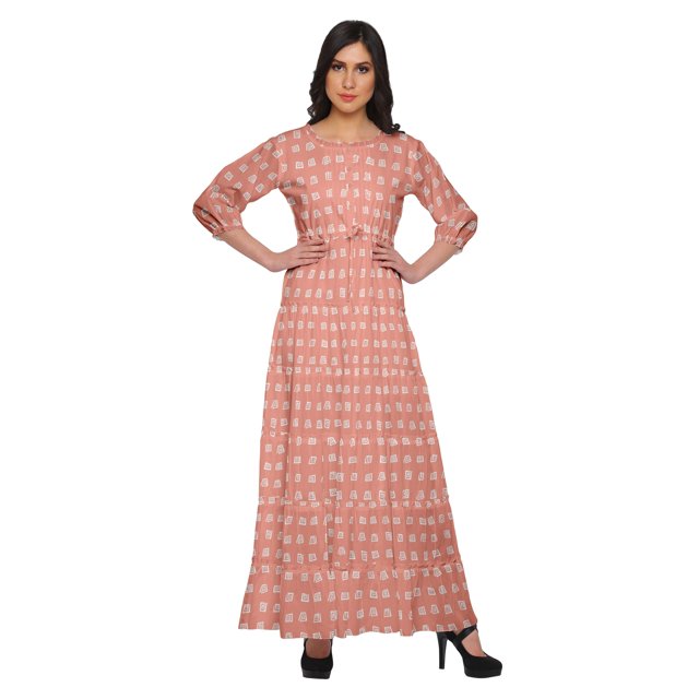Moomaya Robe Longue Maxi Imprimée à Col Rond, Manches 3/4, avec Taille à Cordon