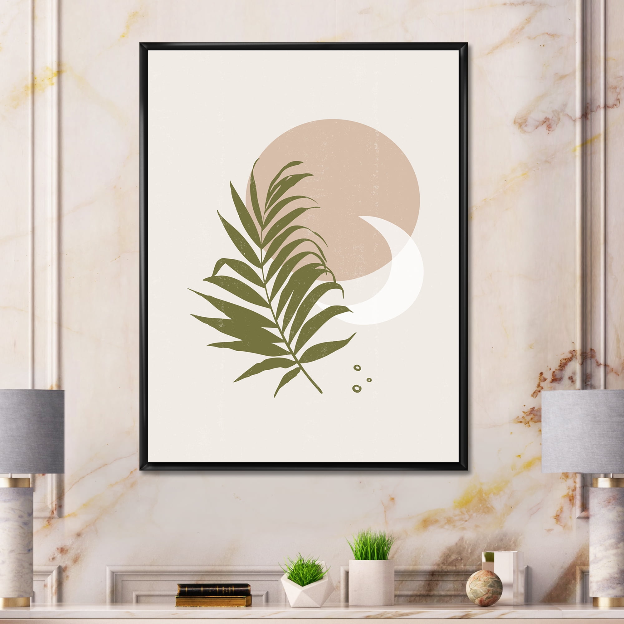 Designart 'Abstract Moon and Sun With Green Leaf II' Modern Framed Canvas Wall Art Print