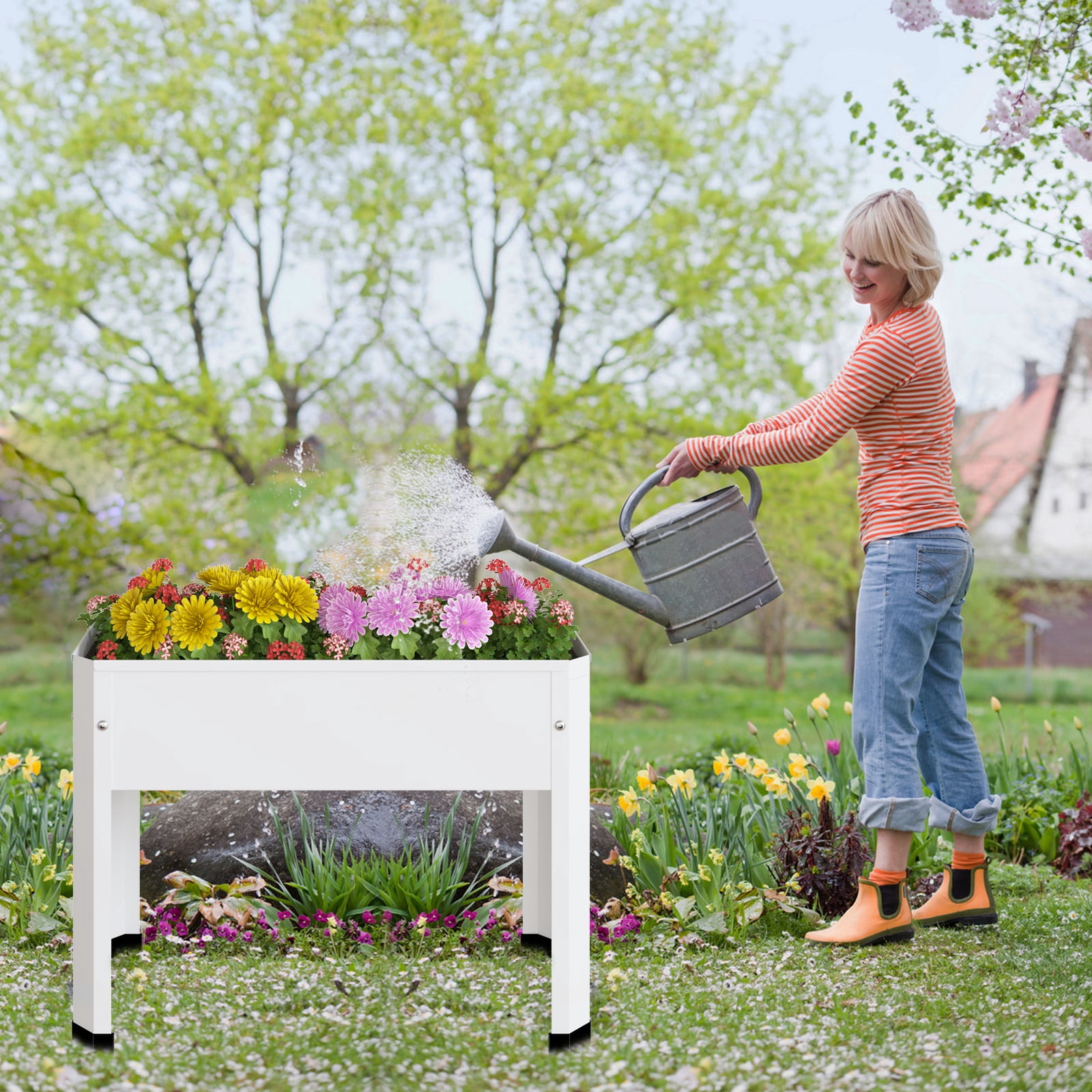 Galvanized Raised Planter Boxes Garden Bed with Legs, Elevated Planter Box, Standing Garden Stand, Vegetables & Flowers Growing Container for Indoor and Outdoor Use 39.3 x 15.7 x 31.4in(White)