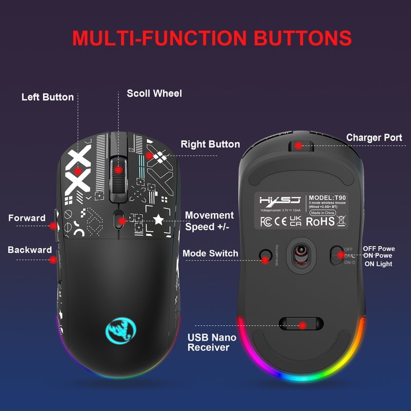 3 Modes Bluetooth Gaming Mouse Rechargeable 2.4G USB Wireless RGB Backlight Mouse for iPad Tablet Laptop Computer