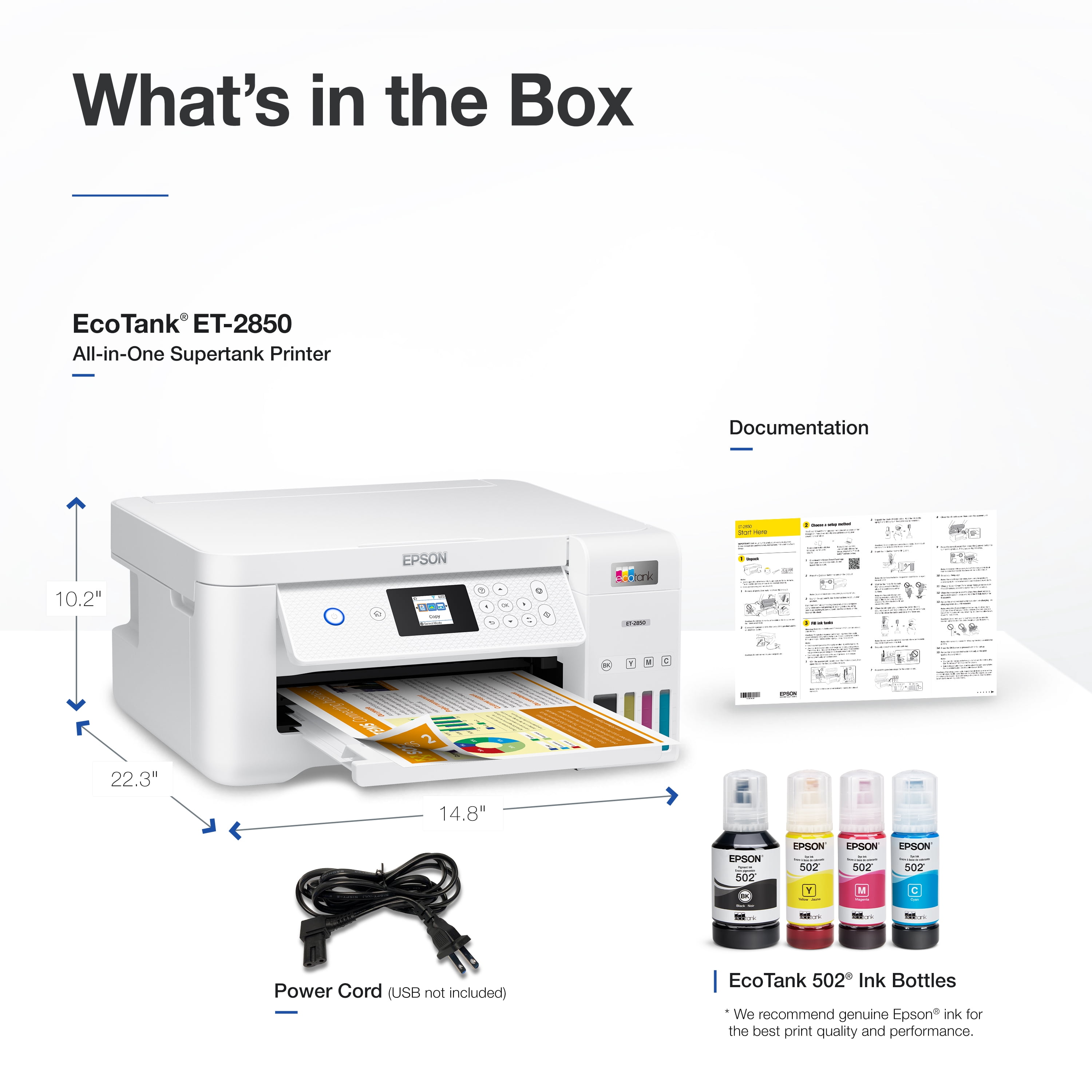 Epson EcoTank ET-2850 Wireless Color All-in-One Cartridge-Free Supertank Printer with Scan, Copy and Auto 2-Sided Printing - White