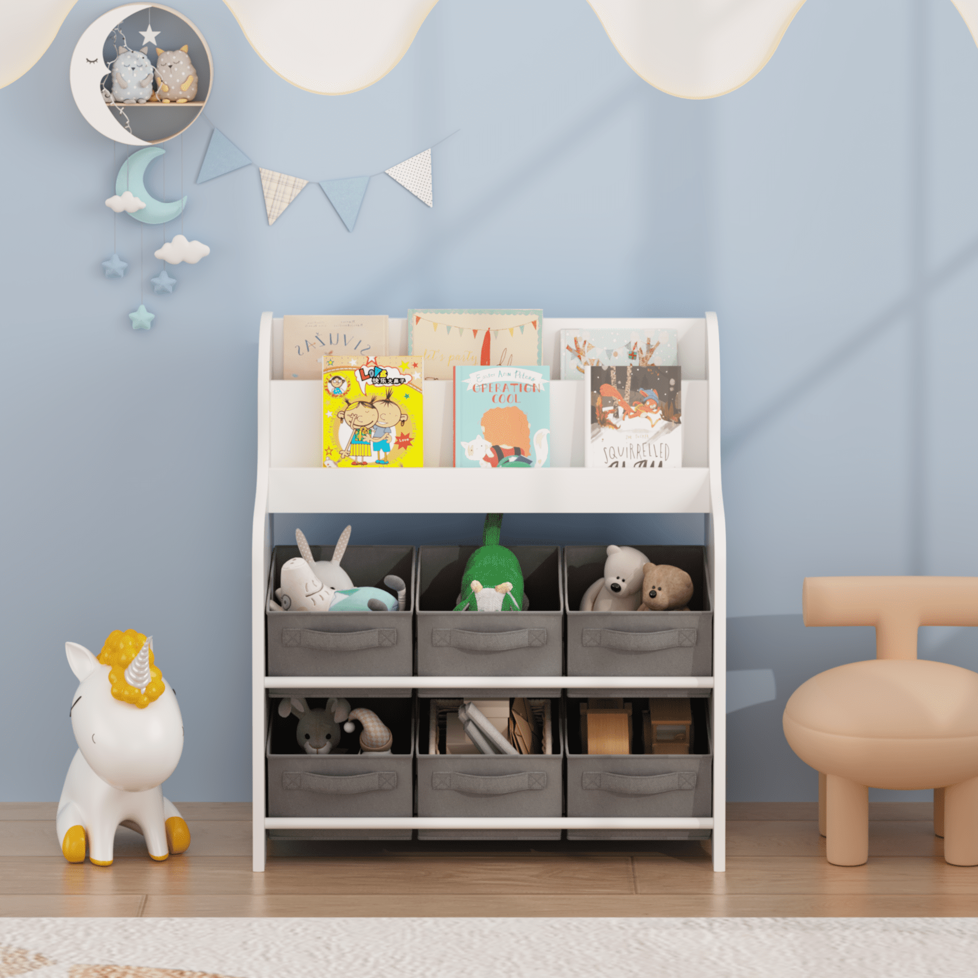 Kids Bookshelf with 6 Fabric Storage Bins, Multi-Functional Children's Bookcase and Toy Organizer, Front-Facing Display Shelf for Playroom, Bedroom or Nursery