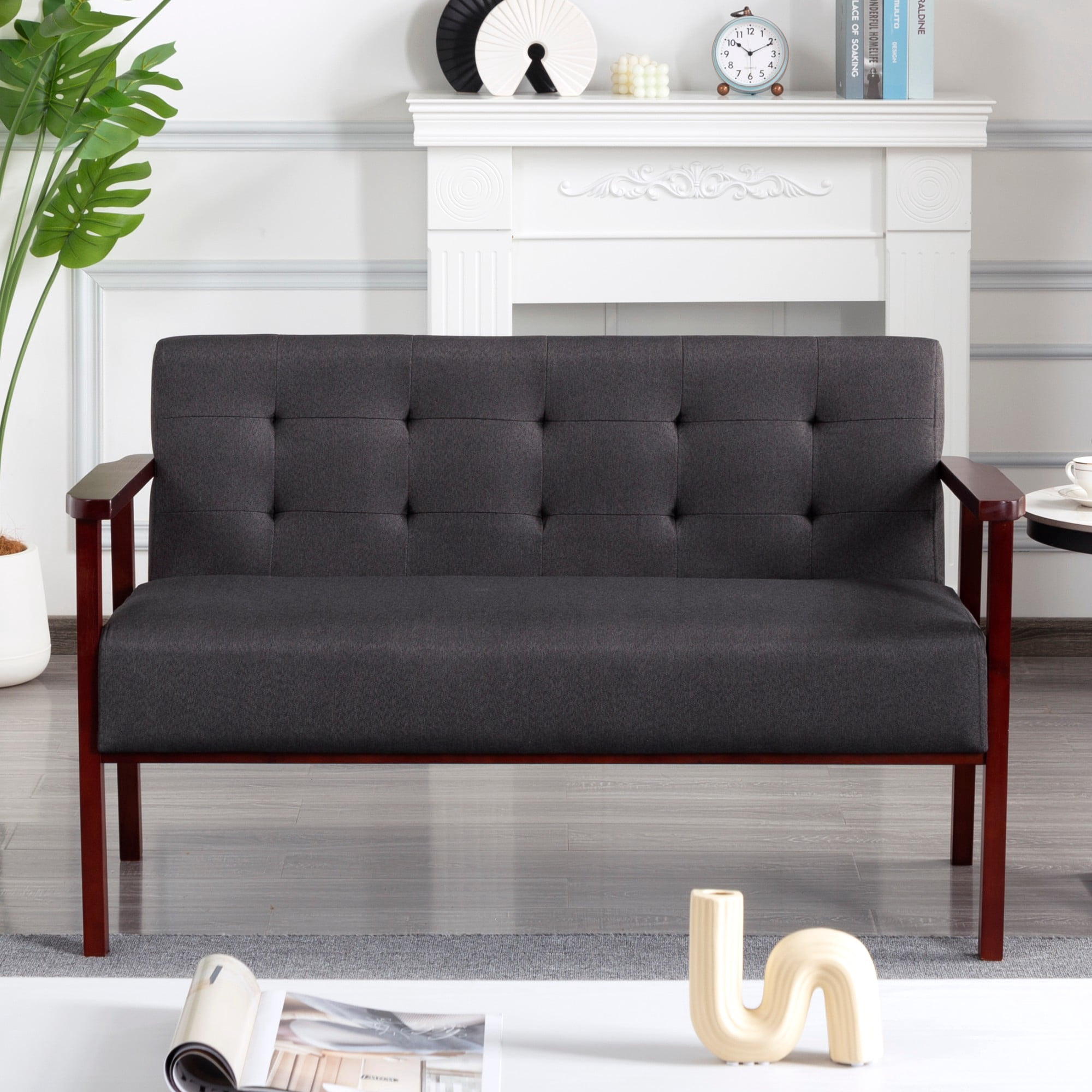 Gewnee Cedar Wood Loveseat, Dark Grey Linen Upholstery, Tufted Back, 300LBS per Seat, Non-Slip Pads, for Living Room, Home Office, Den