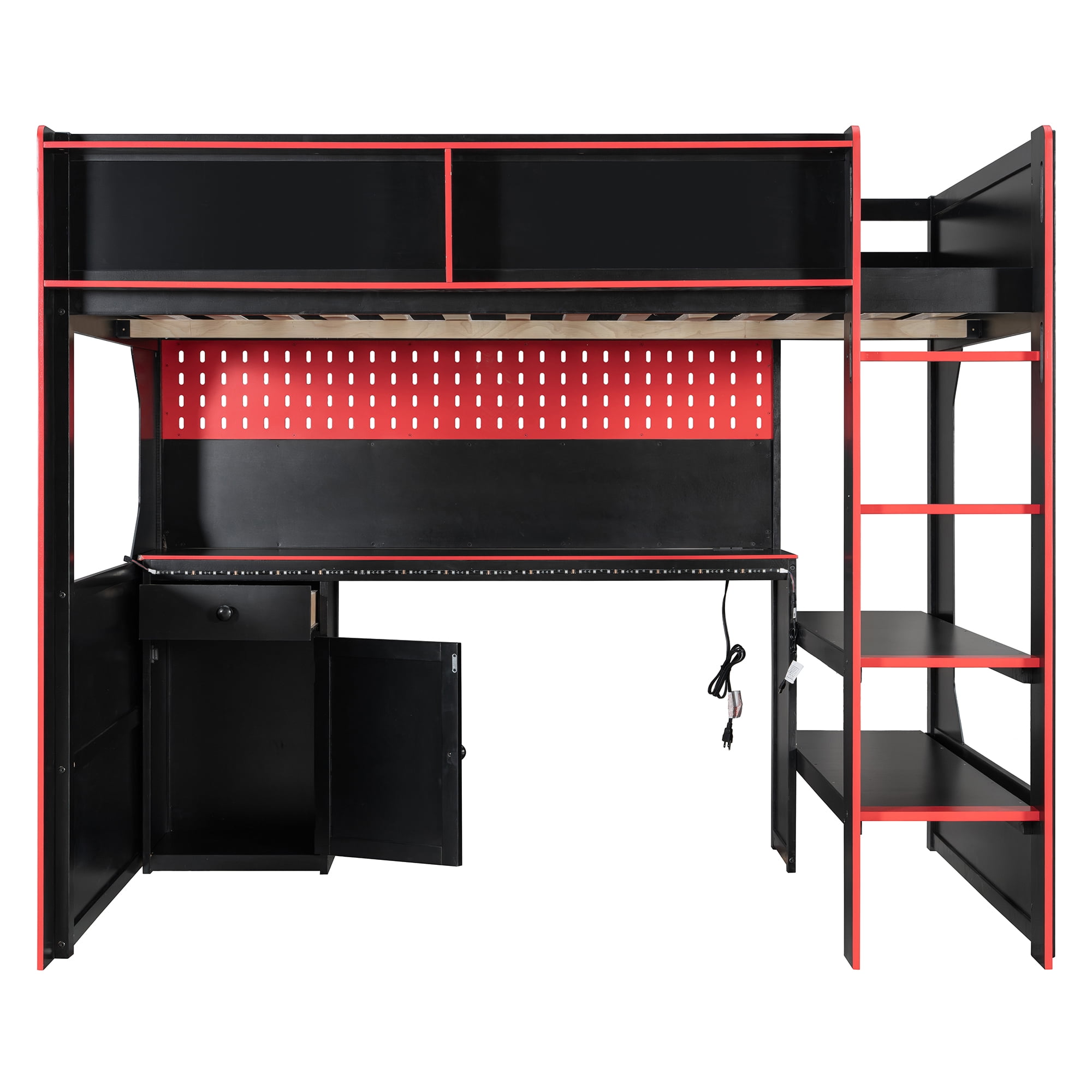 Mintazer Full Size Gaming Loft Bed with Desk & LED Lights, Modern Bed Frame with Storage Shelves & Pegboard and Charging Station for Dorm Bedroom Apartment, Black & Red