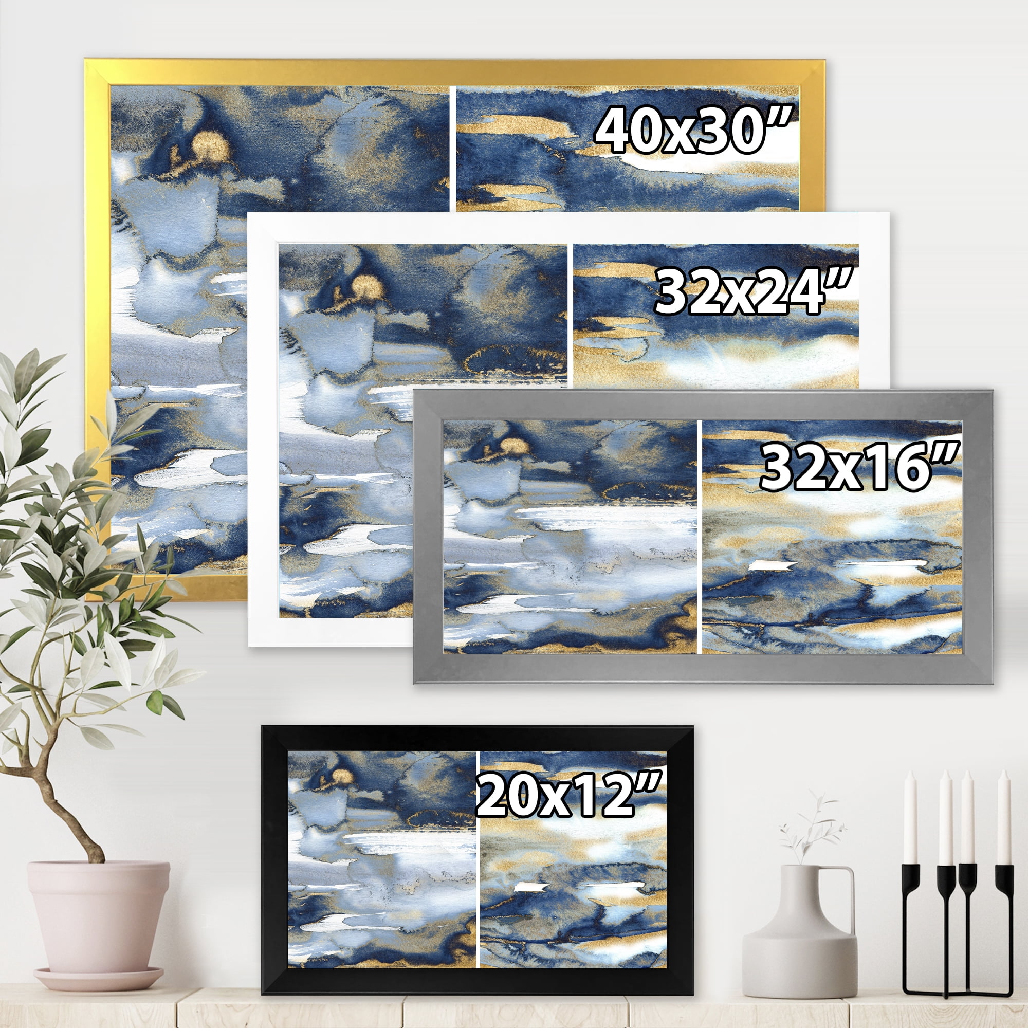 Designart 'Gold and Dark Blue Abstract II' Modern Framed Art Print