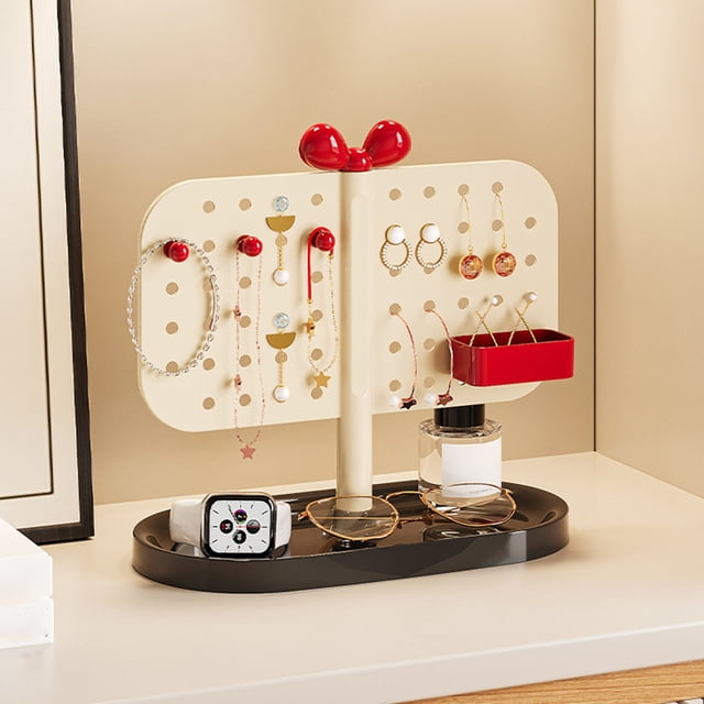 Desk Jewelry Organizer, Pegboard Display Stand for Earrings, Necklaces, Rings, Storage Box for Small Accessories, Compact ABS Material with Red Bow for Vanity Table and Desk Organization