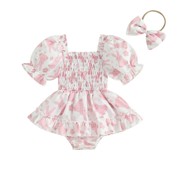 Bagilaanoe Newborn Easter Outfits Baby Girl Rompers Dress Print Short Sleeve Bodysuits   Headband 3M 6M 12M 18M Infant A-line Dresses