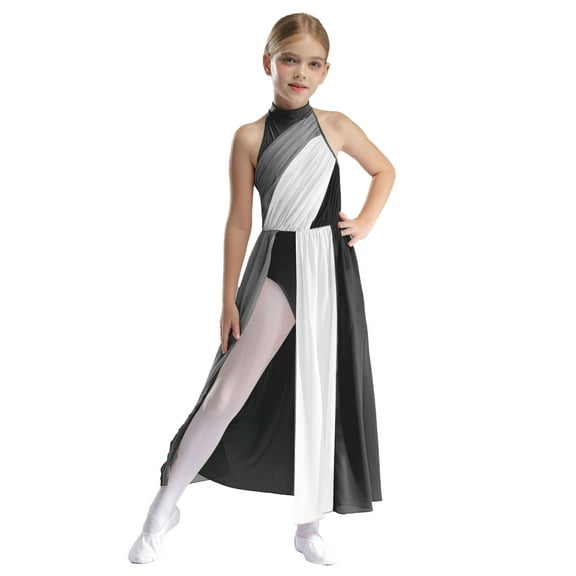 ranrann Lyrical Dance Dress for Girls Ballet Dance Dress Split Long Skirt Leotard Contemporary Dance Dress Black 10