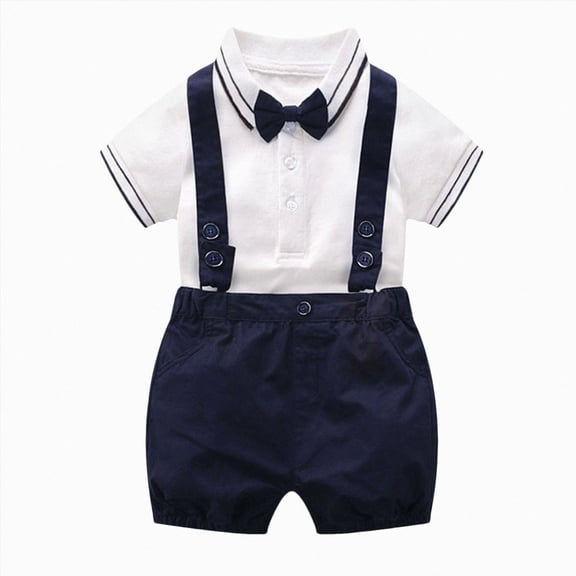 12-18 Months Infant Baby Boys 2 Piece Formal Suit,Short Sleeve Shirt Cuffed Suspender Shorts Coordinated Bow Tie,Kids Gentleman Baptism Outfit,Summer Photo Birthday Wedding Attire,Blue